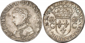Charles IX (1560-1574). Teston 2e type, variété avec date fautive 1563, A, Paris.
Av. CAROLVS. VIIII. D. G. FRANC. REX. Buste à gauche du Roi, lauré ...