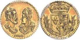 Henri IV (1589-1610). Médaillette ou jeton d’or (parfois quinaire d’or) pour Henri IV et Marie de Médicis 1605, Paris.
Av. Bustes affrontés d’Henri I...