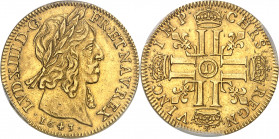 Louis XIII (1610-1643). Double louis d’or 1643, D, Lyon.
Av. LVD. XIII D. G. FR. ET. NAV. REX. Tête laurée du Roi à droite, (date) au-dessous. Rv. CH...