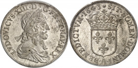 Louis XIII (1610-1643). Demi-écu, 3e type 1643, A, Paris.
Av. LVDOVICVS. XIII. D. G. FR. ET. NAV. REX. Buste à droite du Roi, lauré, drapé et cuirass...