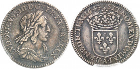 Louis XIII (1610-1643). Piéfort double (au quadruple du poids) du douzième d’écu, 3e type 1643, A, Paris.
Av. LVDOVICVS. XIII. D. G. FR. ET. NAV. REX...