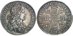 Louis XIV (1643-1715). Lis d’argent 1656, A, Paris.
Av. LVD. XIIII. D. G. FR. ET. NAV. REX. Buste juvénile du Roi à droite, les cheveux longs, lauré,...