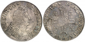 Louis XIV (1643-1715). Écu aux huit L, 2e type 1705, H, La Rochelle.
Av. LVD. XIIII. D. G. FR. ET. NAV. REX. Buste du Roi à droite, cuirassé à l’anti...