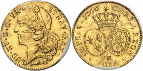 Louis XV (1715-1774). Double louis d’or au bandeau 1766, R, Orléans.
Av. LUD. XV. D. G. FR. - ET NAV. REX. Tête à gauche du Roi, ceinte d'un bandeau,...