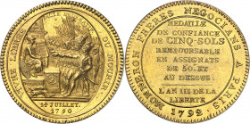 Constitution (1791-1792). Monneron de cinq sols au serment, frappe spéciale en bronze doré 1792 - L’An III, Birmingham.
Av. VIVRE LIBRES - OU MOURIR....