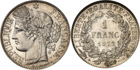 IIIe République (1870-1940). 1 franc Cérès 1872, A, Paris.
Av. RÉPUBLIQUE FRANÇAISE. Tête de la République à gauche en Cérès, sous une étoile, au-des...