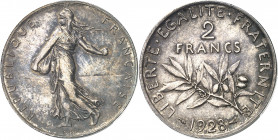 IIIe République (1870-1940). Piéfort de 2 francs Semeuse 1928, Paris.
Av. REPUBLIQUE FRANÇAISE. La Semeuse à gauche, avec le soleil levant, marchant ...
