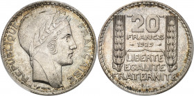 IIIe République (1870-1940). Essai de 20 francs Turin 1929, Paris.
Av. REPUBLIQUE FRANÇAISE. Tête de la République à droite, au-dessous signature P. ...