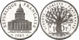 Ve République (1958 à nos jours). Piéfort de 100 francs Panthéon, Flan bruni (PROOF) 1983, Pessac.
Av. REPUBLIQUE FRANÇAISE (date). La façade du Pant...