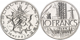 Ve République (1958 à nos jours). Piéfort de 10 francs Mathieu, Flan bruni (PROOF) 1983, Pessac.
Av. REPUBLIQUE FRANÇAISE (date). Carte de France ray...