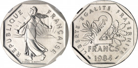 Ve République (1958 à nos jours). Piéfort de 2 francs Semeuse, Flan bruni (PROOF) 1984, Pessac.
Av. REPUBLIQUE FRANÇAISE. La Semeuse à gauche, avec l...