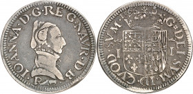 Béarn (Seigneurie de), Jeanne (1562-1572). Demi-teston à la tranche cannelée 1566, Pau.
Av. IOANNA. D. G. REG. NAVR. D. B. Buste à droite de la Reine...