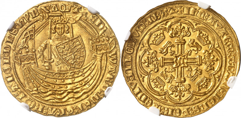 Édouard III (1327-1377). Noble d’or ND (1361-1369), C, Calais.
Av. EDWARD: DEI:...