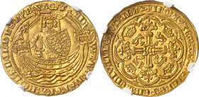 Édouard III (1327-1377). Noble d’or ND (1361-1369), C, Calais.
Av. EDWARD: DEI: GRA: REX: ANGL: DNS: HYB: Z: AQIT. Le Roi debout de face dans une nef...