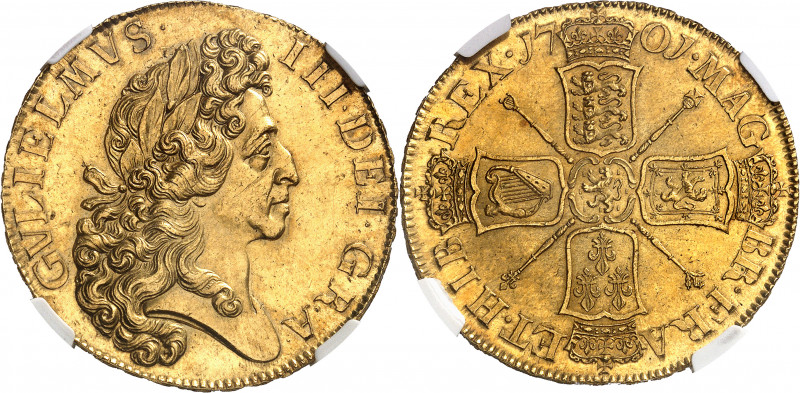 Guillaume III (1694-1702). 5 guinées, 2e buste 1701, Londres.
Av. GVLIELMVS. II...