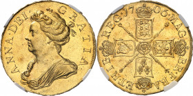 Anne (1702-1714). 5 guinées Pre Union Type 1706, Londres.
Av. ANNA. DEI. GRATIA. Buste avec bandeau dans les cheveux à gauche. Rv. MAG. BRI. FRA. ET....