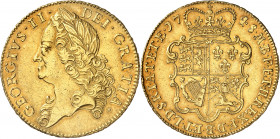 Georges II (1727-1760). 5 guinées 1748, Londres.
Av. GEORGIVS. II. DEI. GRATIA. Buste à gauche, la tête laurée. Rv. M. B. F. ET. H. REX. F. D. B. ET....