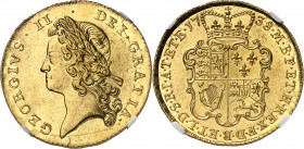 Georges II (1727-1760). 2 guinées Or 1738, Londres.
Av. GEORGIVS. II. DEI. GRATIA. Buste lauré à gauche de Georges II. Rv. M. B. F. ET. H. REX. F. D....