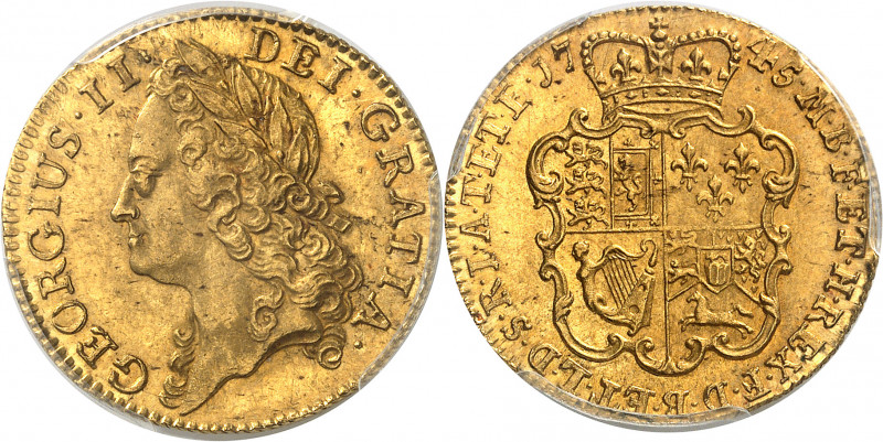Georges II (1727-1760). Guinée 1745, Londres.
Av. GEORGIUS. II. DEI. GRATIA. Tê...