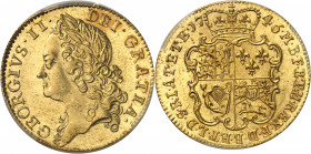 Georges II (1727-1760). Guinée 1746, Londres.
Av. GEORGIUS. II. DEI. GRATIA. Tête laurée à gauche. Rv. M. B. F. ET. H. REX. F. D. B. ET. L. D. S. R. ...