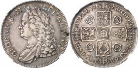 Georges II (1727-1760). Couronne (crown) 1743, Londres.
Av. GEORGIUS. II. DEI. GRATIA. Buste lauré, drapé et cuirassé à gauche. Rv. M. B. F. ET. H. R...