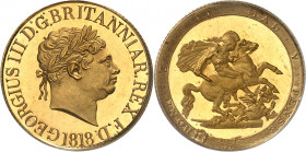 Georges III (1760-1820). Souverain, Flan bruni (PROOF) 1818, Londres.
Av. GEORGIUS III D: G: BRITANNIAR: REX F: D:. Tête laurée à droite, au-dessous ...