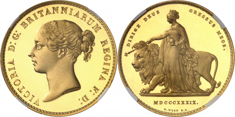 Victoria (1837-1901). 5 livres (5 pounds) “Una and the lion”, Flan bruni (PROOF)...