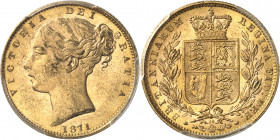 Victoria (1837-1901). Souverain, signature WW en relief, coin #10 1871, Londres.
Av. VICTORIA DEI GRATIA. Tête diadémée à gauche, signature W. W, au-...