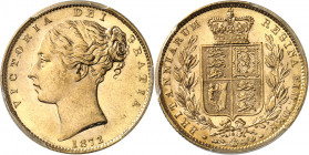 Victoria (1837-1901). Souverain, signature WW en relief, coin #108 1872, Londres.
Av. VICTORIA DEI GRATIA. Tête diadémée à gauche, signature W. W, au...