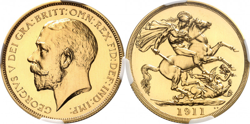 Georges V (1910-1936). 2 souverains (2 pounds), Flan bruni (PROOF) 1911, Londres...