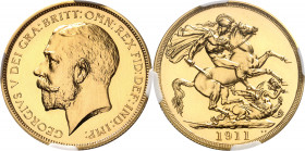 Georges V (1910-1936). 2 souverains (2 pounds), Flan bruni (PROOF) 1911, Londres.
Av. Buste à gauche de Georges V ; signature B. M. Rv. Saint Georges...