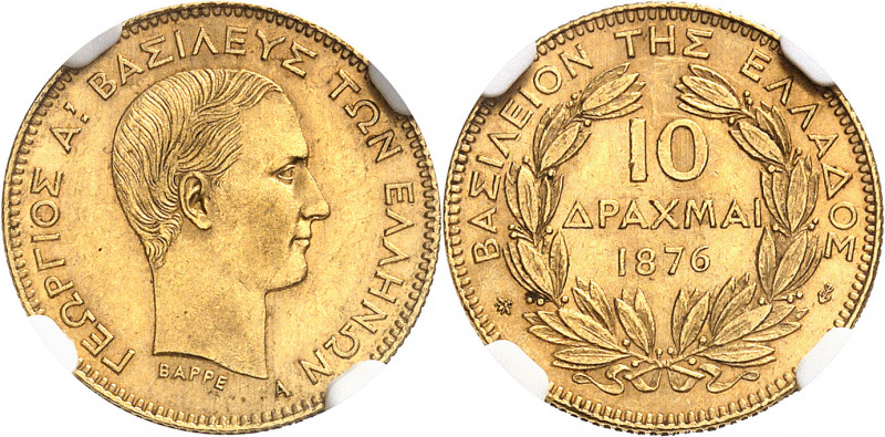 Georges Ier (1863-1913). 10 drachmes 1876, A, Paris.
Av. Légende circulaire. Tê...
