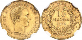 Georges Ier (1863-1913). 10 drachmes 1876, A, Paris.
Av. Légende circulaire. Tête nue à droite, au-dessous signature BARRE et (atelier). Rv. Légende ...