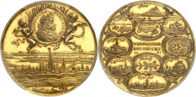 Léopold Ier (1657-1705). Médaille d’or au poids de 12 ducats, victoires sur les Turcs 1685, Nuremberg.
Av. LEOPOLDVS. II. TVRC. VICTOR. Buste de Léop...