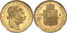 François-Joseph Ier (1848-1916). 20 francs / 8 forint, tête jeune 1880, B, Kremnitz.
Av. FERENCZ JOZSEF I. K. A. CS. ES. M. H. S. D. O. AP. KIR. Tête...