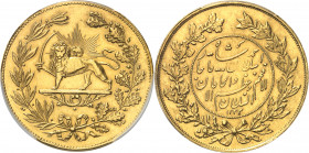 Ahmad Chah Qadjar (1909-1925). 5 toman AH 1332/1 (1913), Téhéran.
Av. Légende dans un grènetis, le tout dans une couronne formée de deux branches. Rv...