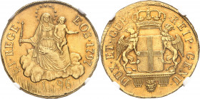 Gênes, République (1528-1797). 96 lire 1796, Gênes.
Av. REIP. GENU. - DUX. ET. GUB. Écu couronné posé sur un entablement et soutenu par deux griffons...