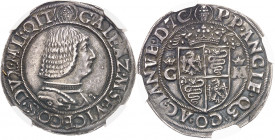 Milan (duché de), Galéaz-Marie Sforza (1466-1476). Demi-teston ND (1466-1476), Milan.
Av. (tête mitrée de Saint Ambroise) GALEAZ. M. SF. VICECOS. DVX...