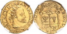 Philippe II d’Espagne (1556-1598). Doppia 1578, Milan.
Av. PHI. REX HISPANIAROM. ETC. Buste couronné, drapé et cuirassé à droite de Philippe II, à l’...