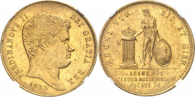Naples et Deux-Siciles, Ferdinand II (1830-1859). 30 ducats 1833, Naples.
Av. FERDINANDVS II. - DEI GRATIA REX. Tête nue à droite, au-dessous (date)....