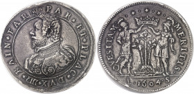 Parme, Ranuccio Ier Farnèse (1592-1622). Double ducaton (doppio ducatone) 1604, Parme.
Av. RAIN* FAR* PAR* ET* PLAC* DVX* IIII*. Buste cuirassé à gau...