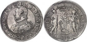 Parme, Ranuccio Ier Farnèse (1592-1622). Double ducaton (doppio ducatone) 1614, Parme.
Av. RAIN* FARN* PAR* ET* PLAC* DVX* IIII*. Buste cuirassé à ga...