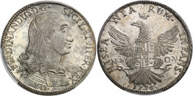 Sicile, Ferdinand IV (1759-1816). 12 tari 1796, Nd-OV, Palerme.
Av. FERDINANDUS. D. G. SICIL. ET HIER. REX. Buste cuirassé à droite, au-dessous T. 12...