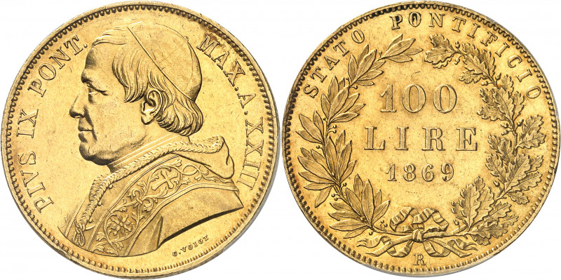 Vatican, Pie IX (1846-1878). 100 lire An XXIII - 1869, R, Rome.
Av. PIVS IX PON...