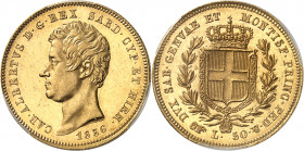 Savoie-Sardaigne, Charles-Albert (1831-1849). 50 lire 1836, Turin.
Av. CAR. ALBERTVS. D. G. REX. SARD. CYP. ET HIER. Tête nue à droite, au-dessous (d...