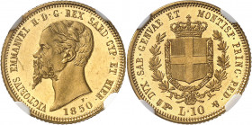 Savoie-Sardaigne, Victor-Emmanuel II (1849-1861). 10 lire, Flan bruni (PROOF) 1850, Gênes.
Av. VICTORIVS EMMANVEL II. D. G. REX SARD. CYP. ET HIER (d...