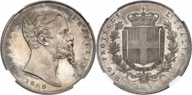 Savoie-Sardaigne, Victor-Emmanuel II (1849-1861). 5 lire 1860, Bologne.
Av. VITTORIO EMANVELE II (date). Tête nue à droite, au-dessous signature FERR...