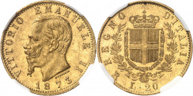 Victor-Emmanuel II (1861-1878). 20 lire 1873, R, Rome.
Av. VITTORIO EMANVELE II (date). Tête nue à gauche, signature FERRARIS. Rv. REGNO D’ITALIA. Éc...