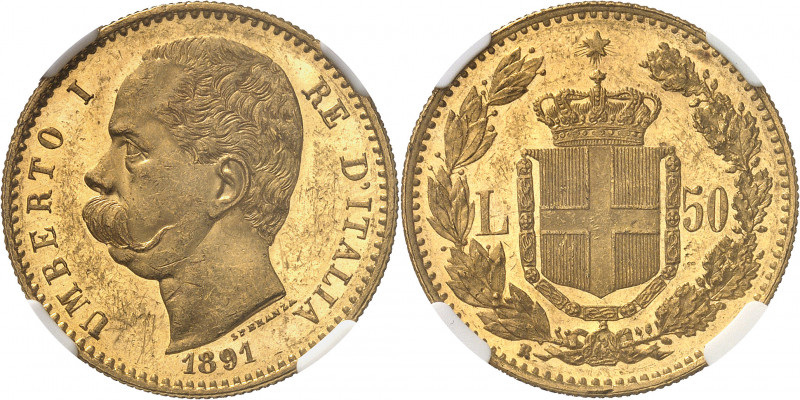 Umberto I (1878-1900). 50 lire, d’aspect Flan bruni (PROOFLIKE) 1891, R, Rome.
...