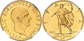 Victor-Emmanuel III (1900-1946). 100 lire or au licteur, 2e type 1940 - An XVIII, R, Rome.
Av. VITTORIO. EMANVELE. III. RE. E. IMP. Tête nue à droite...